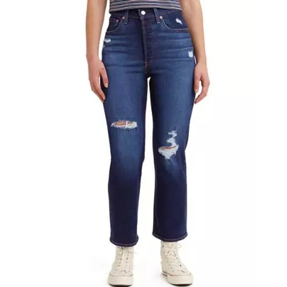 Levi's Ribcage Straight Ankle Stretch Jeans Dark Wash Blue Size 26x27 Ripped - Picture 1 of 9